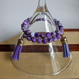 Purple jasper memory wire fashion bracelet with tassels